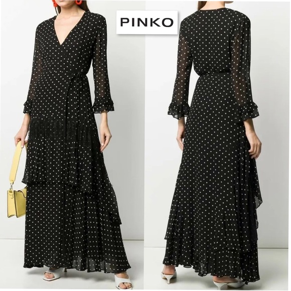 PINKO Georgette Polka Dot Wrap Long Maxi Dress Ruffled Lace Panel Black & White - Picture 2 of 16